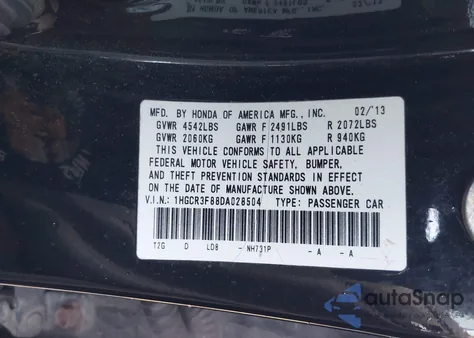 2013 Honda Accord Ex-L V-6 из США, поврежденный, VIN 1HGCR3F88DA028504